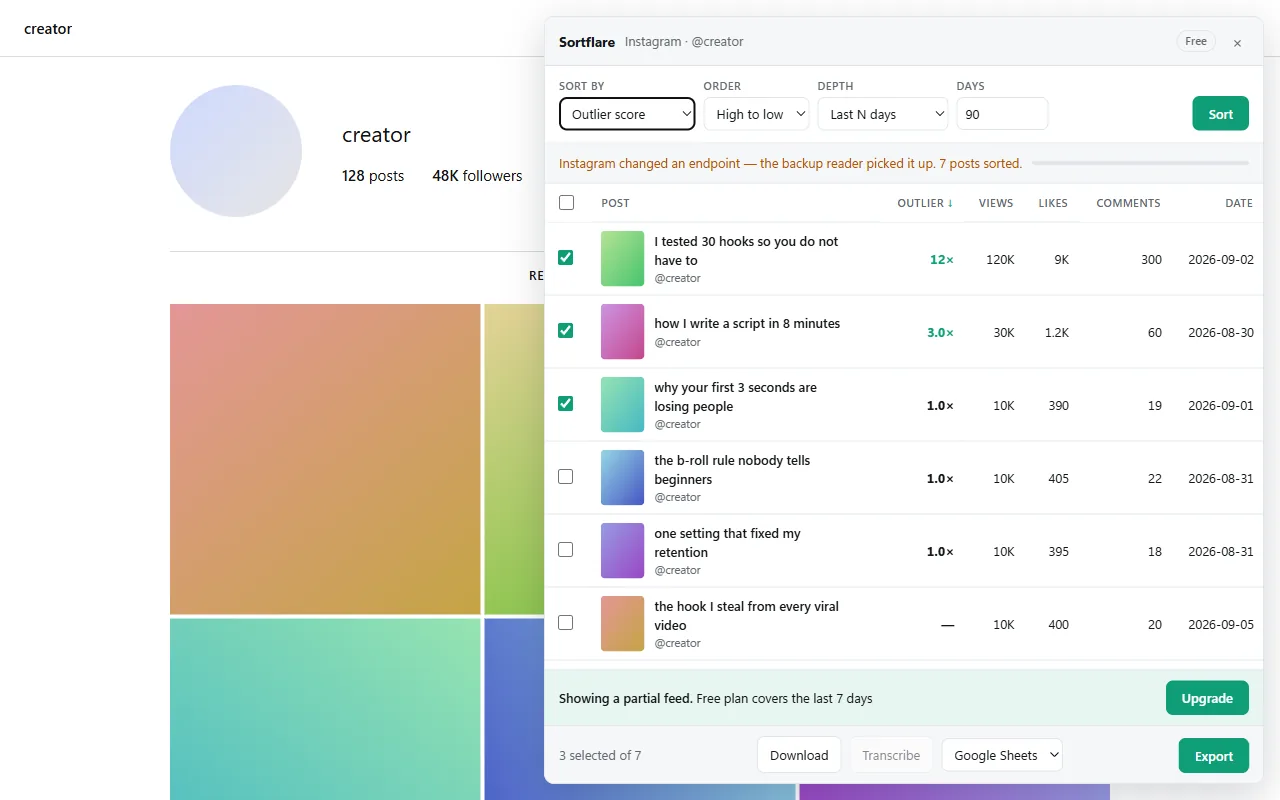 The Sortflare panel reporting the result of a sort
