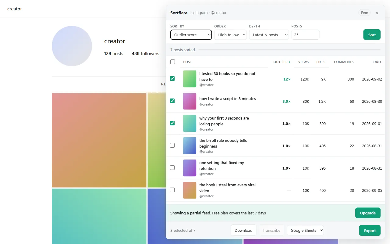 TikTok videos selected in the Sortflare panel, ready to download or transcribe